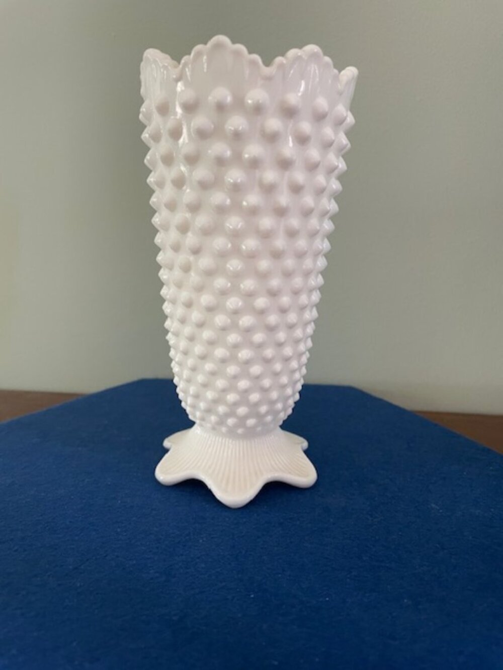 Fenton Milk Glass Hobnail Footed Vase, 7″ Tall